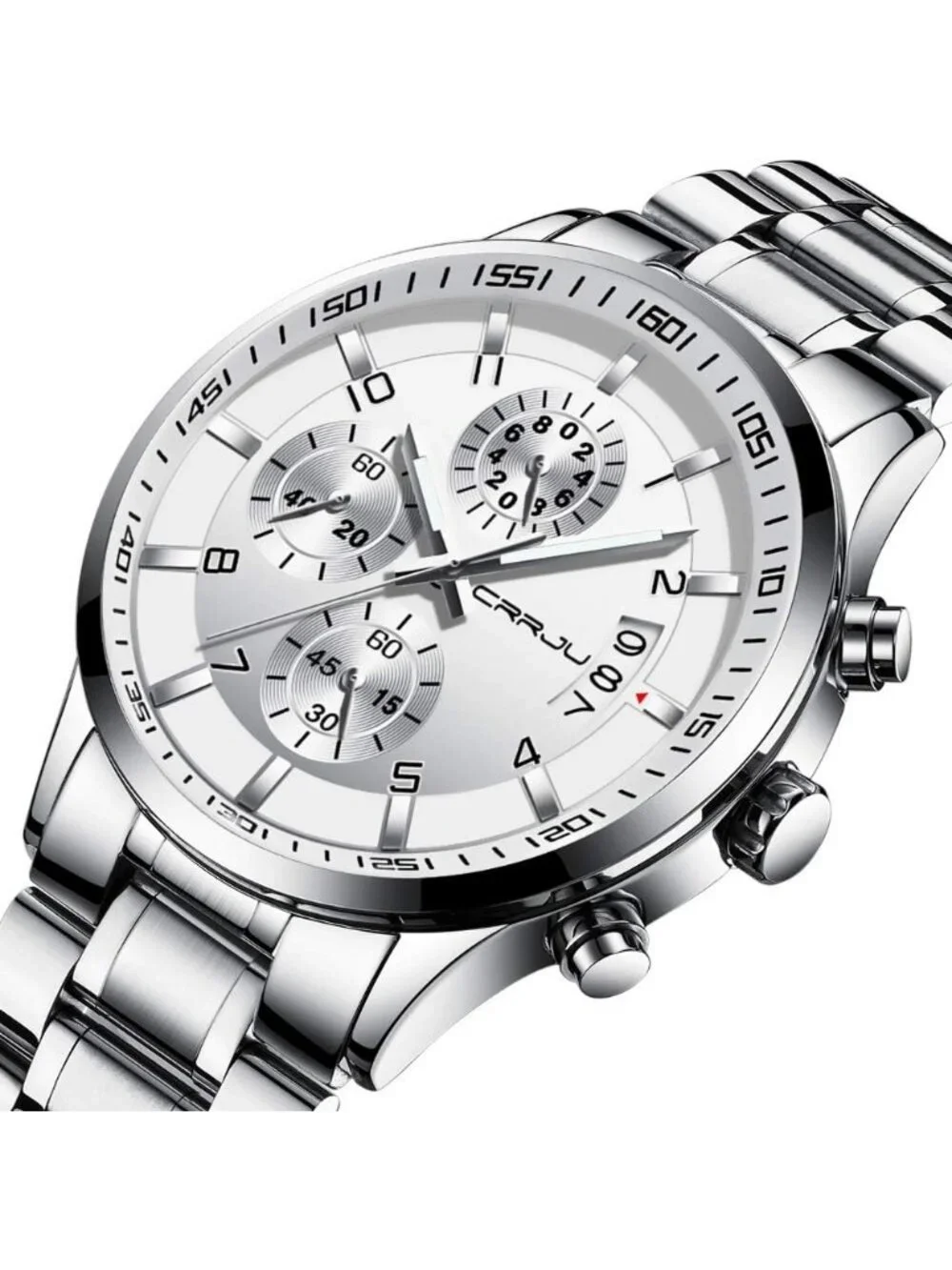 Men's Silver And White Analog Stainless Steel Waterproof Chronograph Wrist Watch